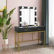 Ktaxon Wood Vanity Set Makeup Table with Lighted Mirror Dressing Table Dresser Desk with 2 Drawers for Bedroom (Black)