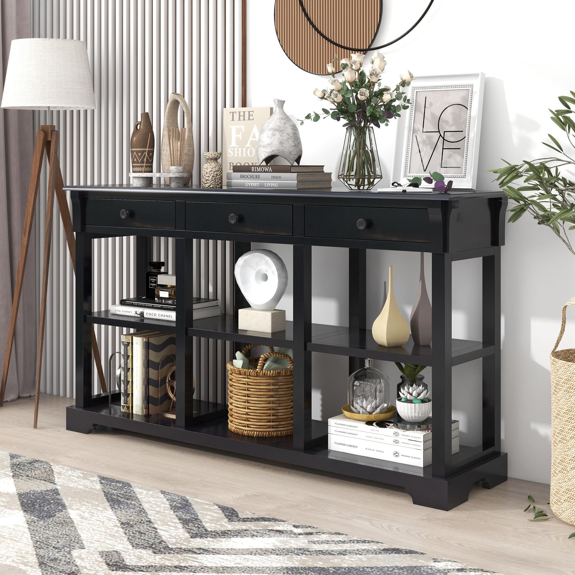 Ktaxon Wooden 3-Shelf Console Table, Sofa Table, Kitchen Buffet Sideboard with 3-Drawers for Entryway, Living Room, Bedroom, Home, Black
