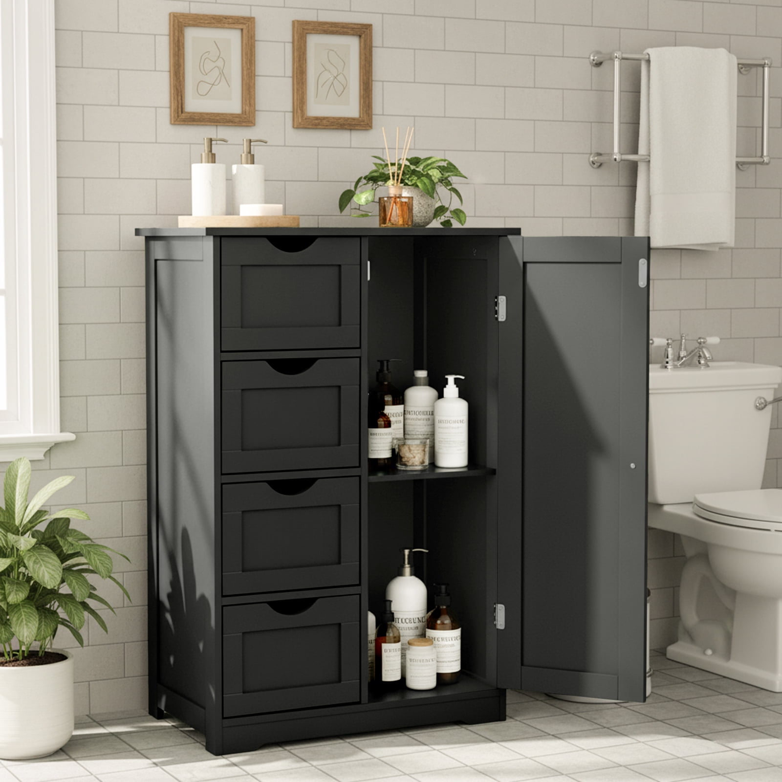 Ktaxon Wooden Bathroom Floor Cabinet, Side Storage Organizer with 4 Drawers, 1 Cupboard & 2-Shelves, Black