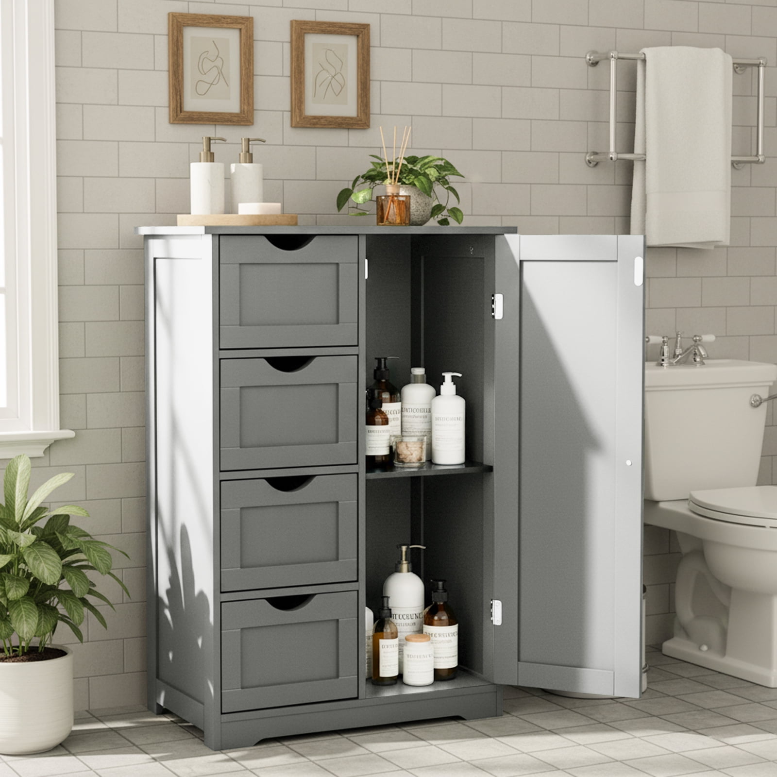 Ktaxon Wooden Bathroom Floor Cabinet, Side Storage Organizer with 4 Drawers, 1 Cupboard & 2-Shelves, Gray