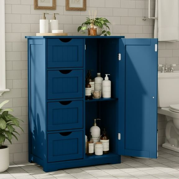 Ktaxon Wooden Bathroom Floor Cabinet, Side Storage Organizer with 4 Drawers, 1 Cupboard & 2-Shelves, Navy Blue