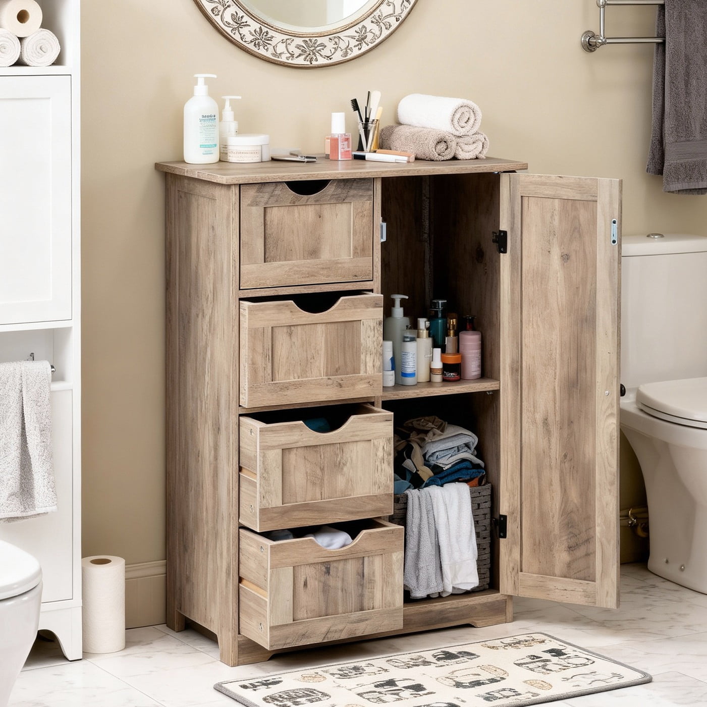Ktaxon Wooden Bathroom Floor Cabinet, Side Storage Organizer with 4 Drawers, 1 Cupboard & 2-Shelves, Vintage Washed Gray