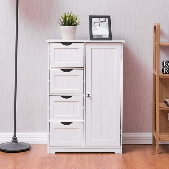 Ktaxon Wooden Bathroom Floor Cabinet, Side Storage Organizer with 4 Drawers, 1 Cupboard & 2-Shelves, White