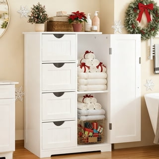 Ktaxon Wooden Bathroom Floor Cabinet, Side Storage Organizer with 4 Drawers, 1 Cupboard & 2-Shelves, White