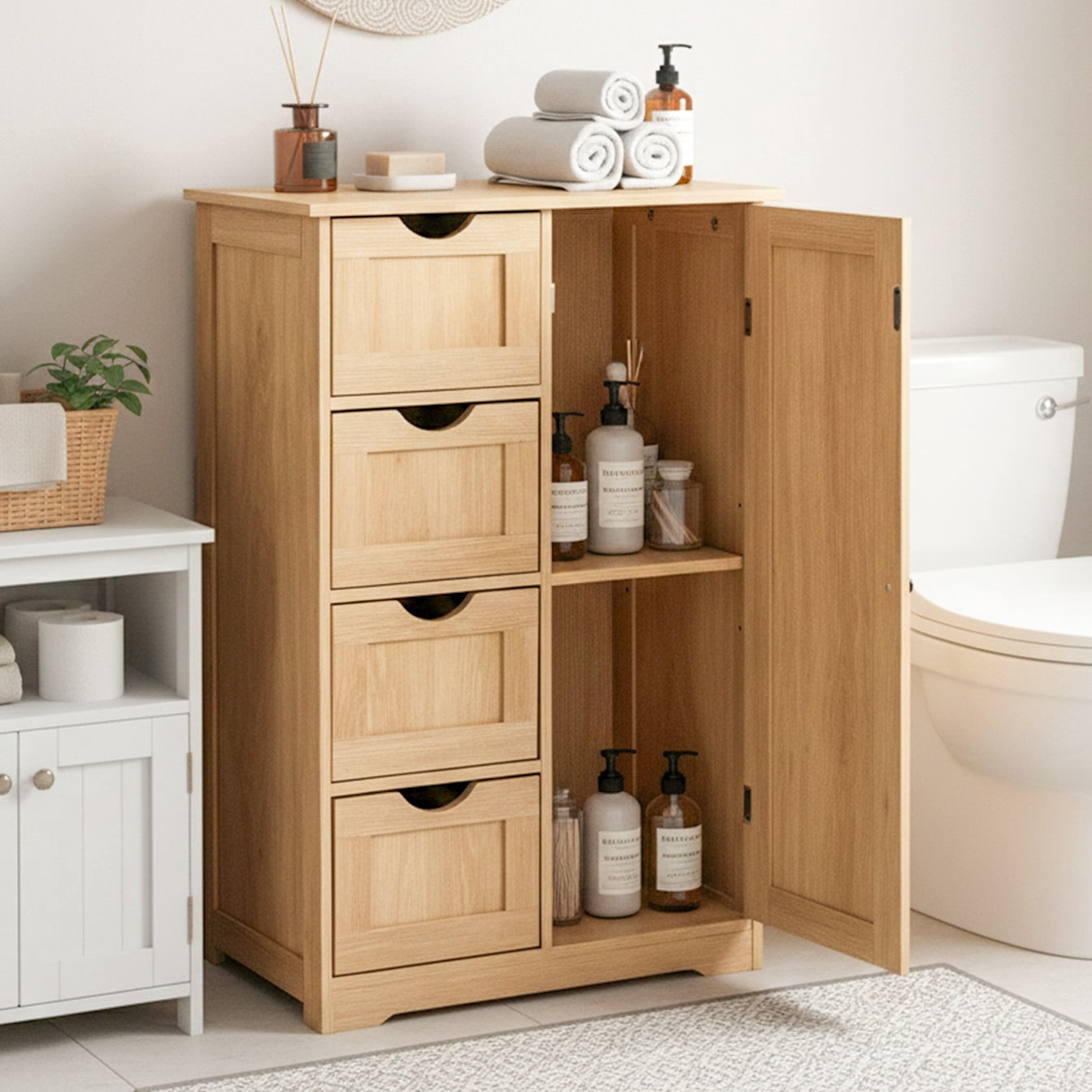 Ktaxon Wooden Bathroom Floor Cabinet, Side Storage Organizer with 4 Drawers, 1 Cupboard & 2-Shelves, Wood