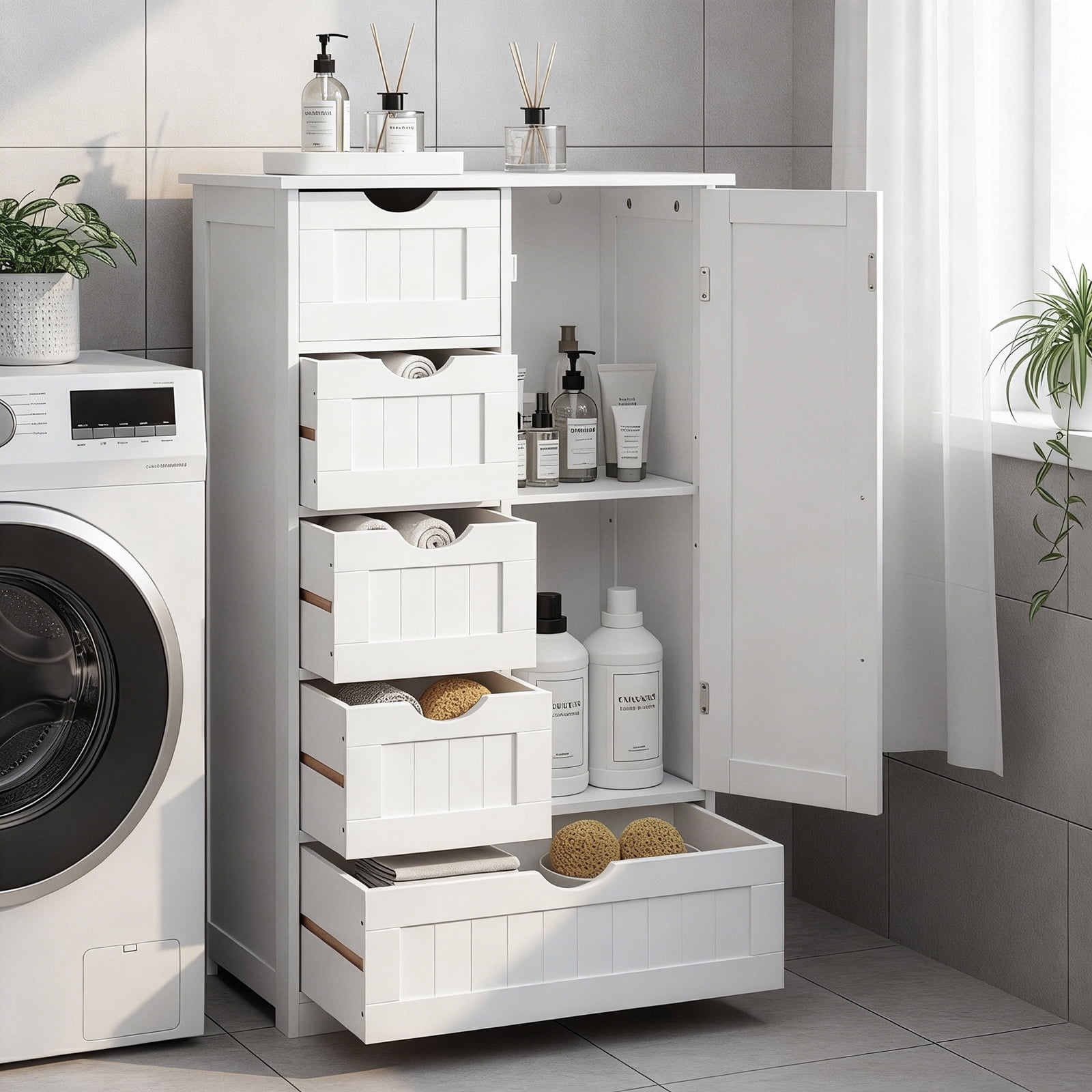 Ktaxon Wooden Bathroom Floor Cabinet, Side Storage Organizer with 5 Drawers, 1 Cupboard & 2-Shelves, White - Walmart.com