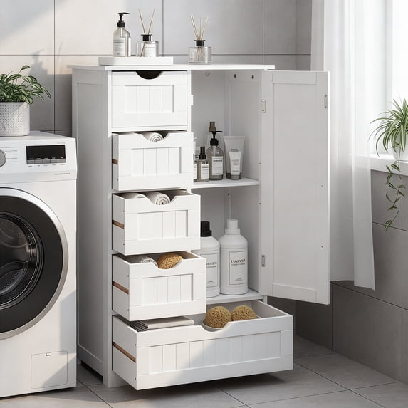 Ktaxon Wooden Bathroom Floor Cabinet, Side Storage Organizer with 5 Drawers, 1 Cupboard & 2-Shelves, White