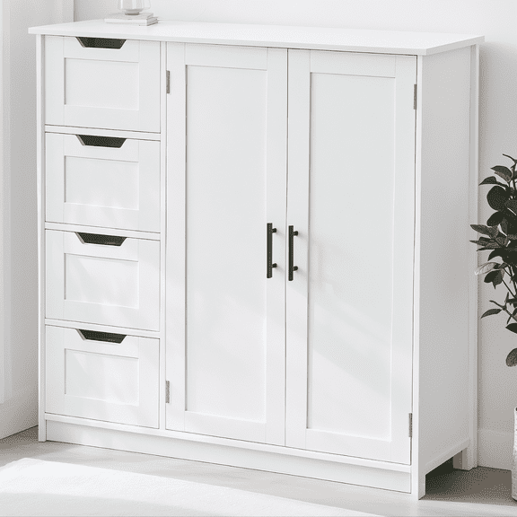 Ktaxon Wooden Bathroom Floor Cabinet with 4 Drawers & 1 Cupboard for Living Room Entryway, White