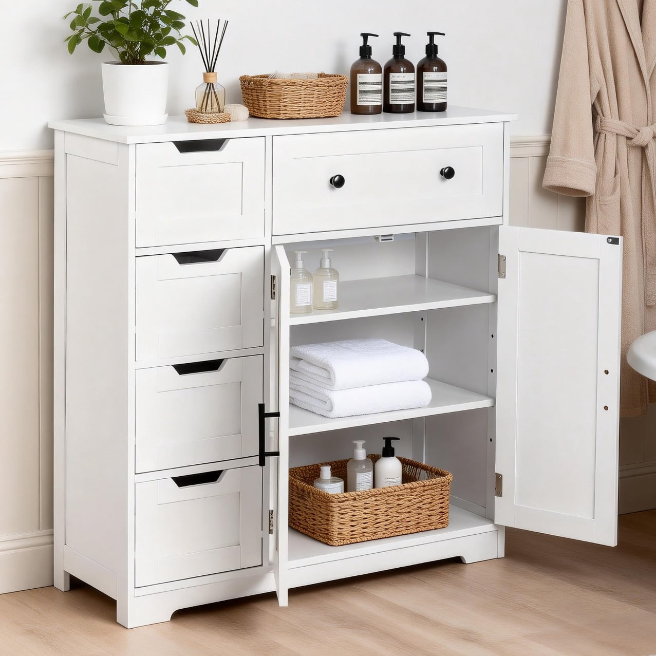Ktaxon Wooden Bathroom Floor Cabinet with 5 Drawers & 1 Cupboard, for Living Room Entryway, White
