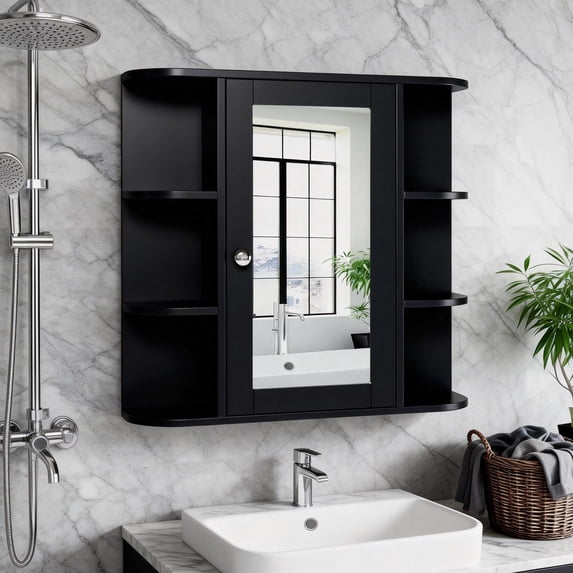 Ktaxon Wooden Bathroom Medicine Cabinet with Mirror Door & 8 Shelves, Wall Mounted Storage Organizer, Black