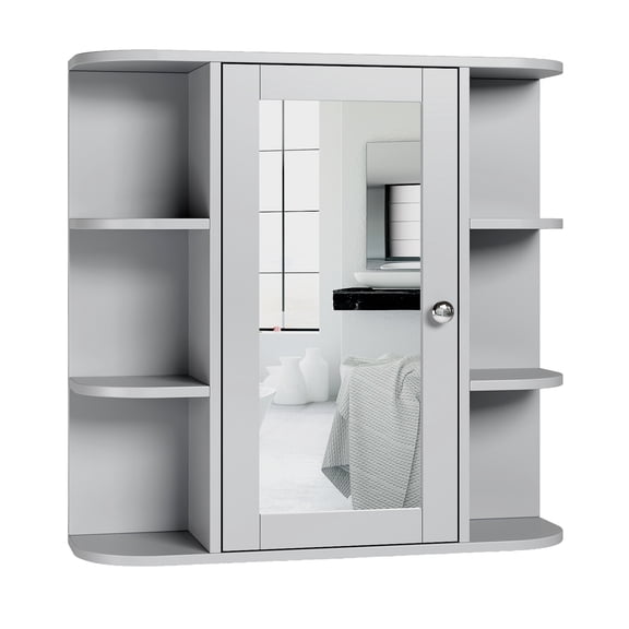Ktaxon Wooden Bathroom Medicine Cabinet with Mirror Door & 8 Shelves, Wall Mounted Storage Organizer, Gray