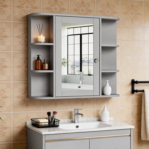 Ktaxon Wooden Bathroom Medicine Cabinet with Mirror Door & 8 Shelves, Wall Mounted Storage Organizer, Gray