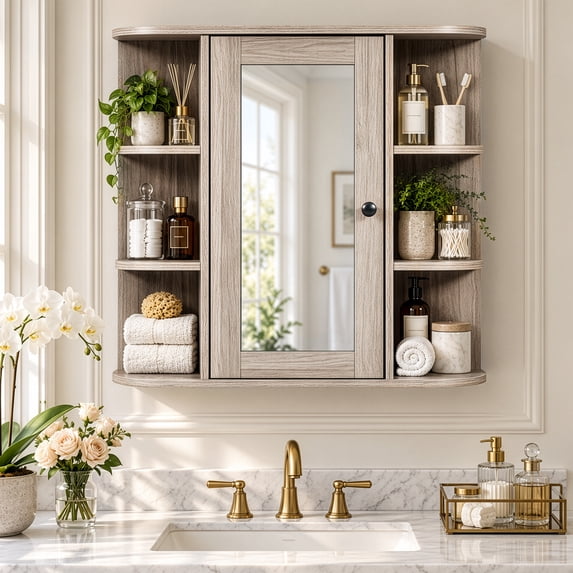 Ktaxon Wooden Bathroom Medicine Cabinet with Mirror Door & 8 Shelves, Wall Mounted Storage Organizer, Washed Gray