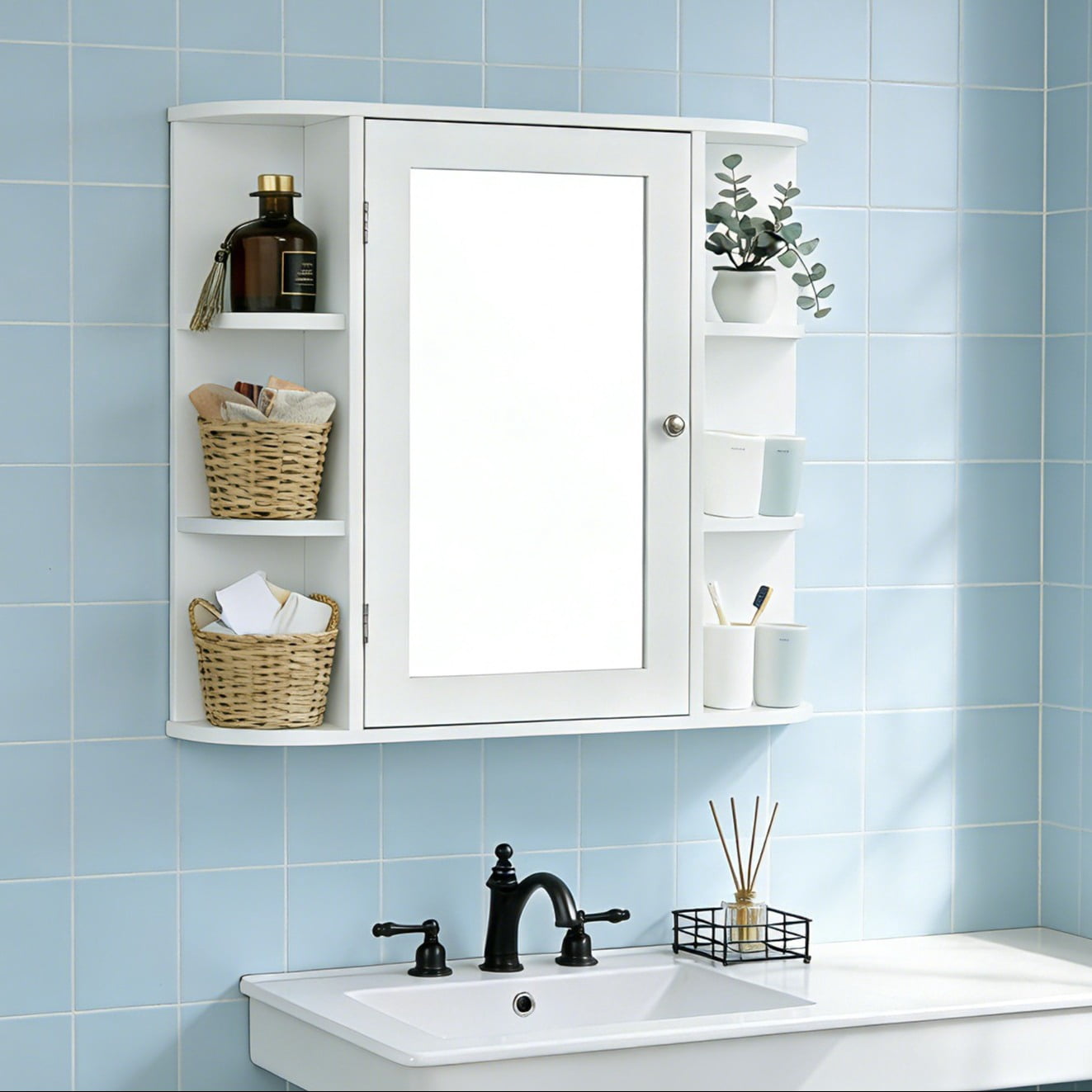 Ktaxon Wooden Bathroom Medicine Cabinet with Mirror Door & 8 Shelves, Wall Mounted Storage Organizer, White