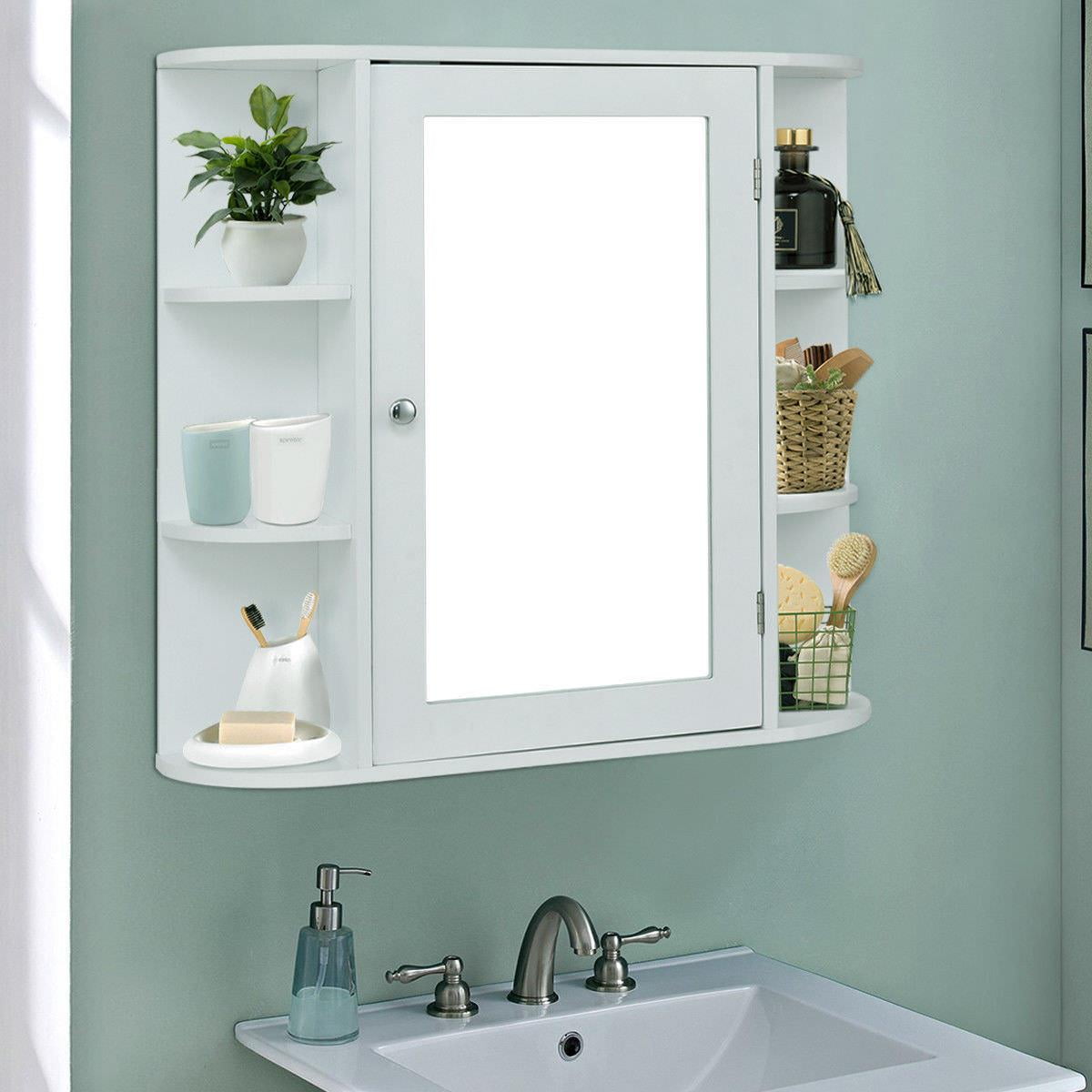 FCH Ktaxon Wooden Bathroom Medicine Cabinet with Mirror Door & 8 Shelves, Wall Mounted Storage Organizer, White