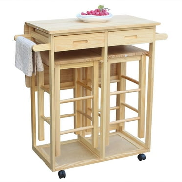 Ktaxon Wooden Kitchen Cart Rolling Trolley Island Storage Dinning Table with Stools Set Natural
