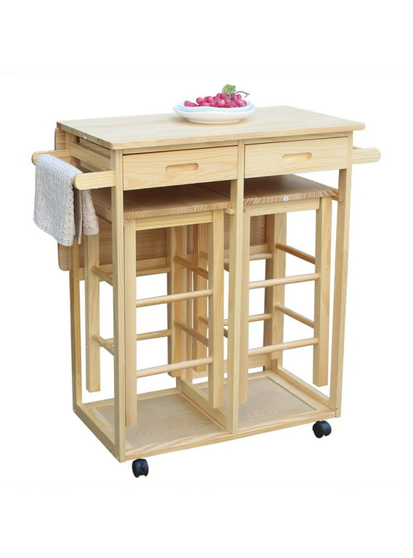 Ktaxon Wooden Kitchen Cart Rolling Trolley Island Storage Dinning Table with Stools Set Natural