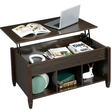Ktaxon Wooden Lift Top Coffee Table, Hidden Storage Compartment & 3 Cube Shelves, Lift Tabletop Center Table for Living Room/Reception Room/Office, Brown