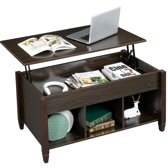 Ktaxon Wooden Lift Top Coffee Table, Hidden Storage Compartment & 3 Cube Shelves, Lift Tabletop Center Table for Living Room/Reception Room/Office, Brown