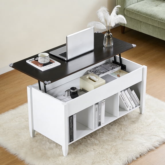 Ktaxon Mid-Century Lift Top Coffee Table, Multi-Functional Lift Tabletop Center Table for Living Room with Hidden Storage Compartment & 3 Cube Shelves, White & Dark Brown