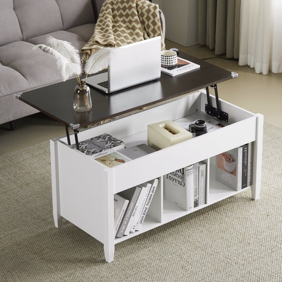 Ktaxon Mid-Century Lift Top Coffee Table, Multi-Functional Lift Tabletop Center Table for Living Room with Hidden Storage Compartment & 3 Cube Shelves, White & Dark Brown