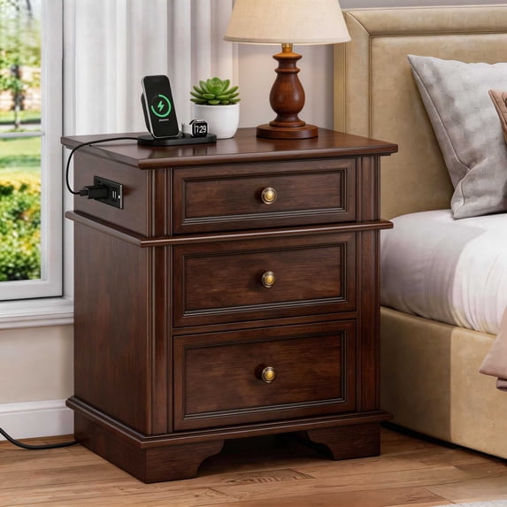 Ktaxon Wooden Nightstand with Outlets & USB Ports, 3 Drawer Traditional Cottage Bedside Table, Brown