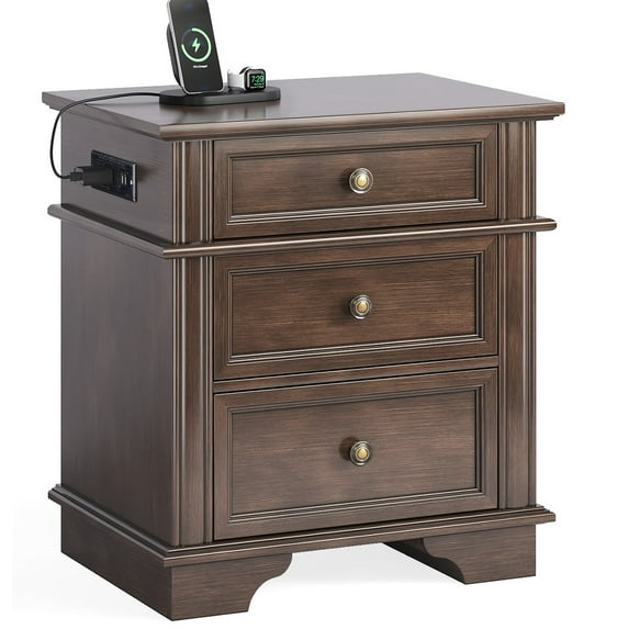 Ktaxon Wooden Nightstand with Outlets & USB Ports, 3 Drawer Traditional Cottage Bedside Table, Brown