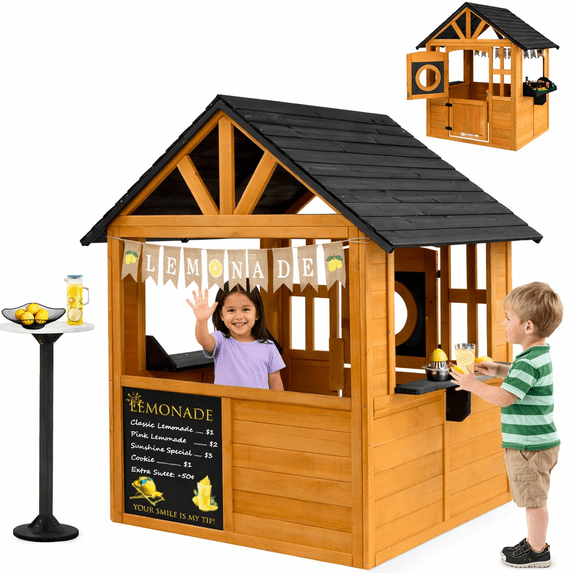 Ktaxon Wooden Outdoor Playhouse Lemonade Stand w/ Split Door, Pretend BBQ Grill Set, 50pcs Accessories, Ages 3-8, Light Brown