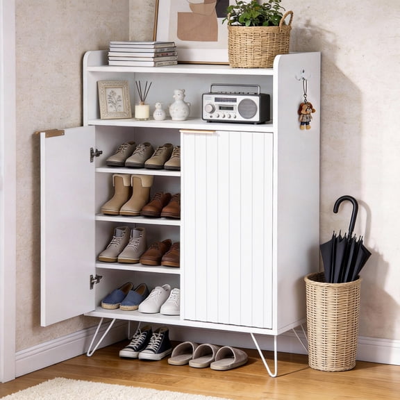 Ktaxon Wooden Shoe Cabinet with 3 Flip Drawers & 2 Storage Drawers for Hallway Bedroom Entryway, White