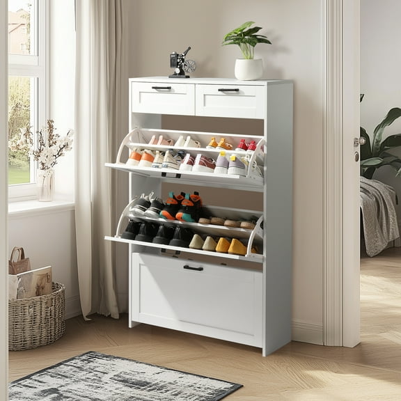 Ktaxon Wooden Shoe Cabinet with 3 Flip Drawers & 2 Storage Drawers for Hallway Bedroom Entryway, White