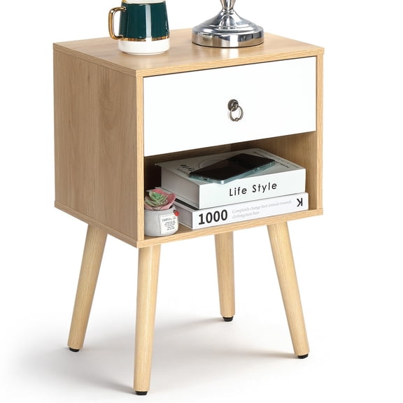 Ktaxon Wooden Night Stand Side End Table Storage Shelf with One Drawer Night Stand Sets of 1, Oak