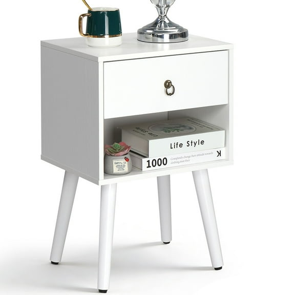 Ktaxon Wooden Night Stand Side End Table Storage Shelf with One Drawer Night Stand Sets of 1, White