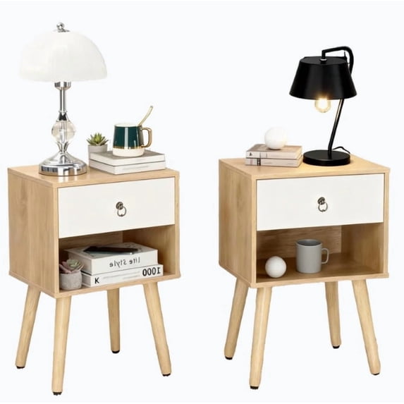 Ktaxon Wooden Night Stand Side End Table Storage Shelf with One Drawer Night Stand Sets of 2, Oak