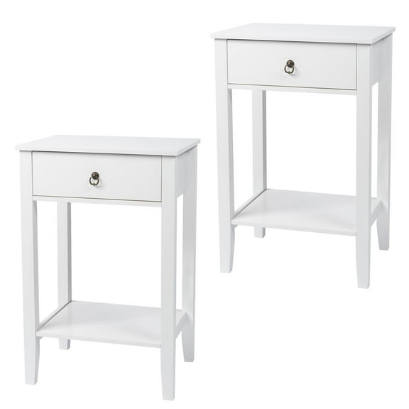 Ktaxon Wooden Side End Table Night Stand Storage Shelf with Bin Drawer Night Stand Sets of 2,White