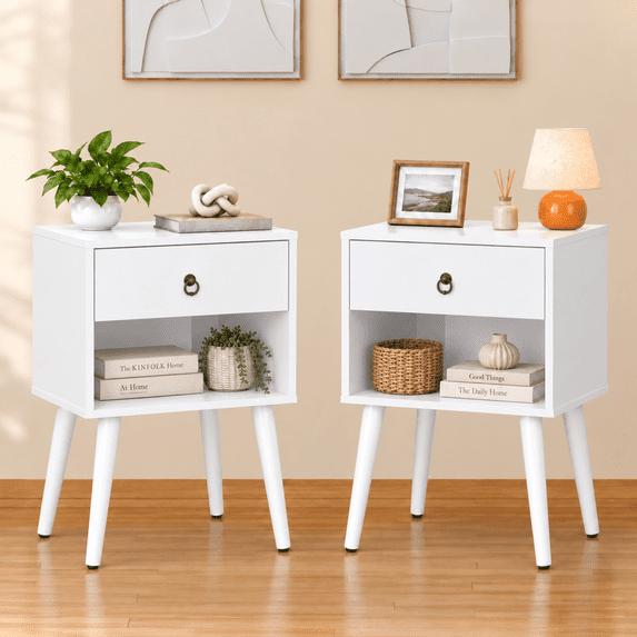 Ktaxon Wooden Side End Table Night Stand Storage Shelf with Bin Drawer Night Stand Sets of 2,White
