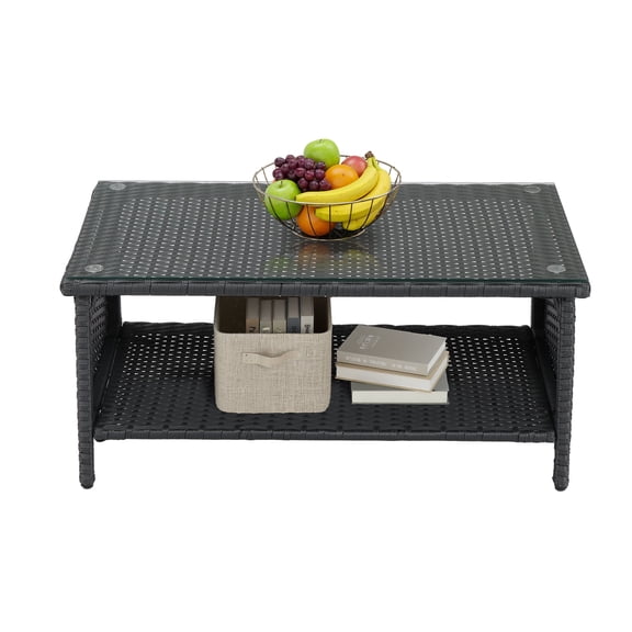 Ktaxon X-Large Outdoor Wicker Coffee Table with Tempered Glass Top and Storage, Black