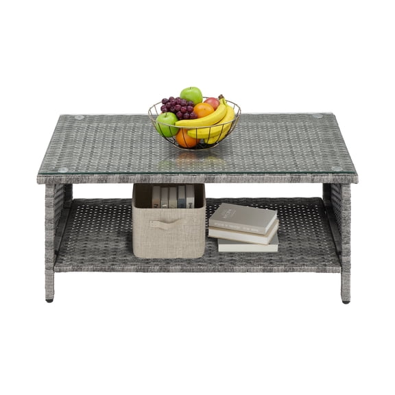 Ktaxon X-Large Outdoor Wicker Coffee Table with Tempered Glass Top and Storage, Gray