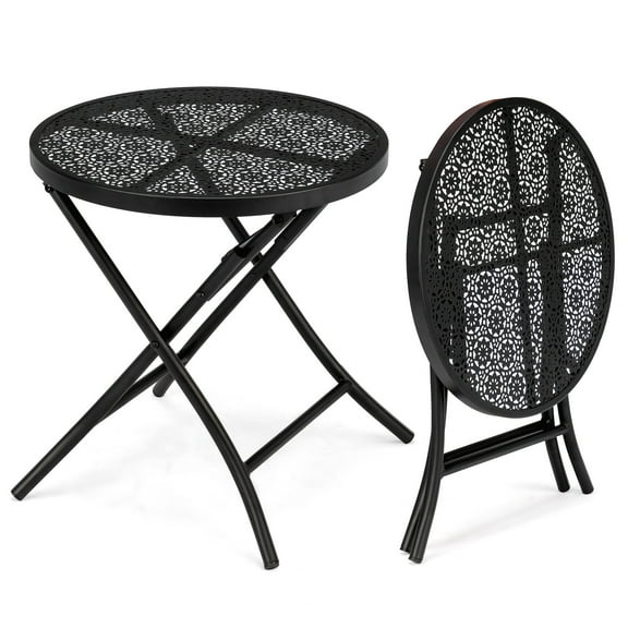 Ktaxon18 inch Folding Patio Side Table, Metal Steel Outdoor Round Coffee Table with Flower Cutouts for Patio Yard Balcony Garden, Black