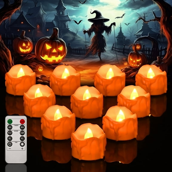 Ktinnead 12 Pcs Halloween Tea Lights Candles,Halloween Flameless Candles OrangeTealights Spooky Flickering Fake Candles for Halloween Party Decorations,