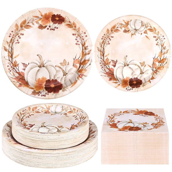 Ktinnead 200 PCS Fall Plates and Napkins Serves 50 Guests Disposable Paper Plates and Napkins Red for Thanksgiving Fall Holiday Party