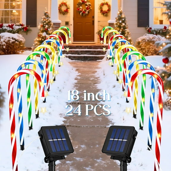 Ktinnead 24 Pack Solar Candy Cane Lights with Stars,Waterproof Pathway Stake Christmas Lights with 8 Colorful Lighting Modes,LED Landscape Lights for Outside Yard Walkway Garden Christmas Decorations