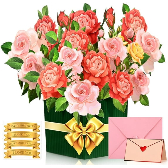 Ktinnead 3D Pop Up Flower Greeting Cards Rose Bouquet Mother Day Card Gifts, Happy Mother's Day, Birthday, Valentine's Day, Anniversary Ktinnead Card for Wife Girlfriend, Lover