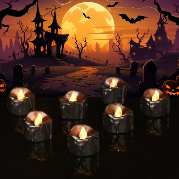 Ktinnead 6 pcs Tea Lights Candles, Flameless Candles Tealights Spooky Flickering Fake Candles for Home, Room, Table, Halloween,Thanksgiving,Party Decorations, Black