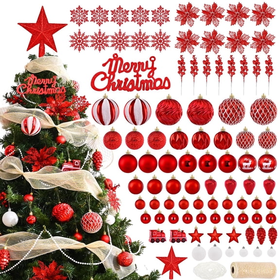 Ktinnead 94 Pcs Christmas Tree Decorations Set, Red Christmas Tree Hanging Ball Ornaments with Glitter Poinsettia Flowers Decorations Berries Snowflakes for Xmas Party Holiday Wedding Y101
