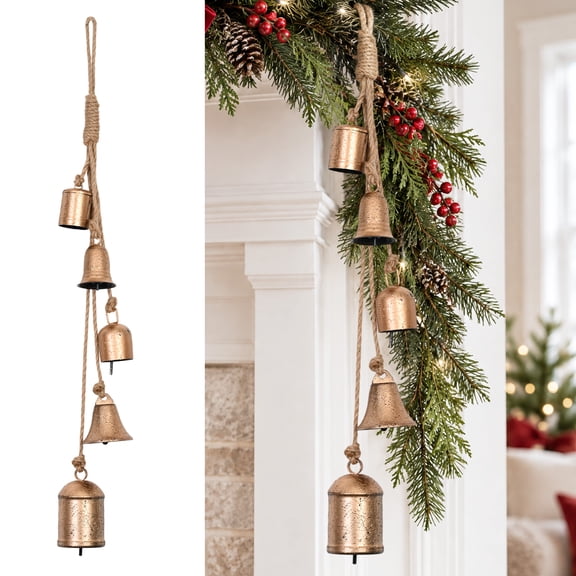 Ktinnead Christmas Bells with Jute Rope, 1Pack 5 Handmade Iron Bells,29.13" Long Hanging Bell Set - for Wreaths, Outdoor, Indoor, Christmas, Decorations