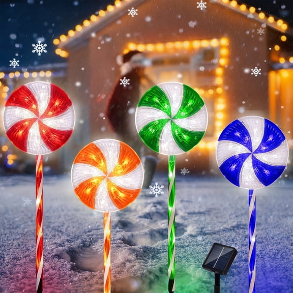 Ktinnead Christmas Solar Pathway Lights, 27" Lollipops Peppermint Stake LED Lights, 8 Modes Candy Cane Walkside Lights Xmas Decoration for Walkway,Yard(4Pcs-Colorful)
