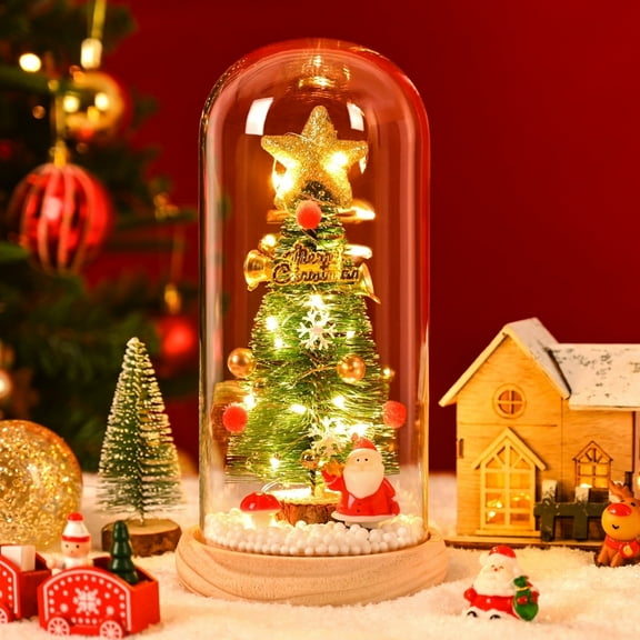 Ktinnead Tabletop Christmas Tree in Clear Dome-Creative Mini Xmas Tree Desktop Decor Small Christmas Trees with Lights for Home Office Bedroom Decorations