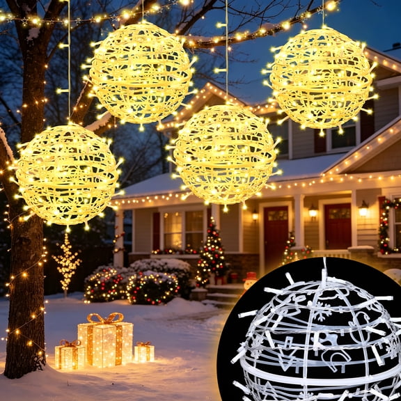 Ktinnead Outdoor Christmas Balls Lights 4 Pack Hanging 7.48" LED Garden Sphere Tree Lights Globe Lights with Memory Timer Plug for Party Yard Porch Eave Patio Xmas Decorations-Warm White