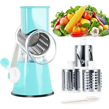 Ktinnead Rotary Cheese Grater Manual Cheese Grater with Handle 3 Interchangeable Stainless Steel Blades Cheese Shredder Strong Suction Base Cheese Graters for Kitchen Vegetables, Cheese and Nuts (Blue