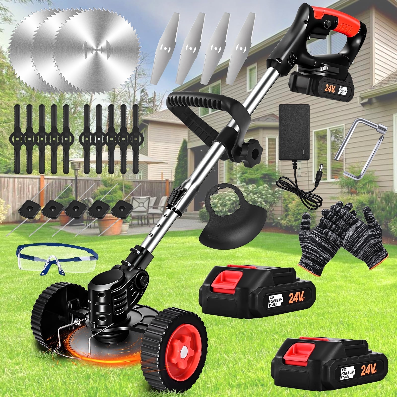 Ktinnead Electric Weed Wacker Cordless,Weed Eater Battery Powered,Cordless String Trimmer with Fast Charger & Wheel,Grass Cutter Machine with 4 Replacement Spools, Edger Lawn Tool, Black